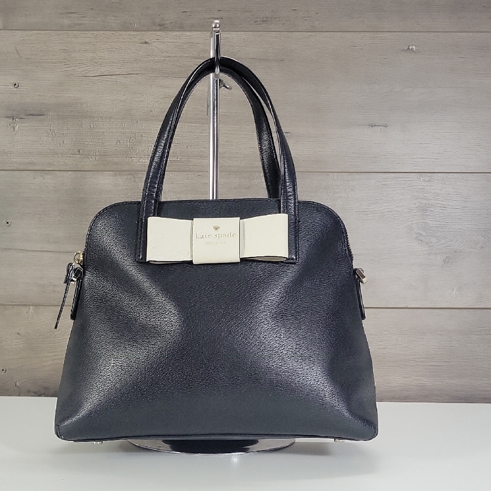 kate spade Black Leather Satchel with Ivory Bow Accent